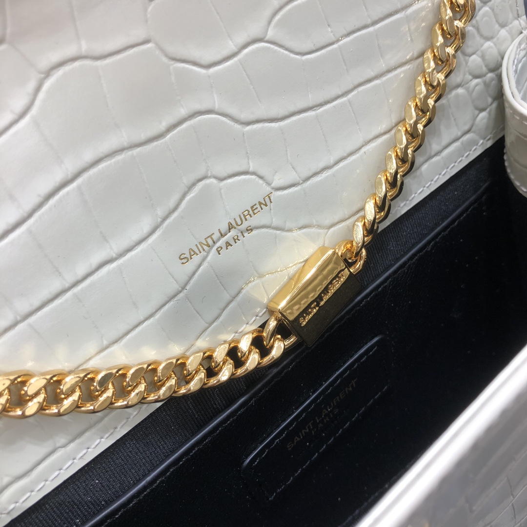 Saint Laurent Kate Tassel Small Crocodile Embossed Calfskin Shoulder Bag Handbag White 474366 Gold